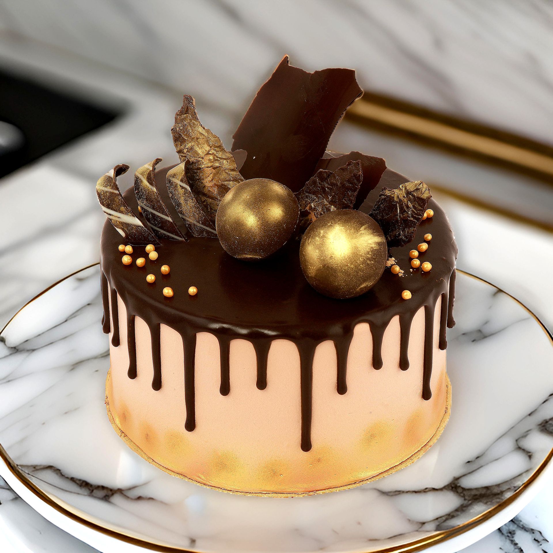 An exquisite cake with vibrant golden chocolate balls, presented in product photography for "The Sugarr and Spice" by Ranjan Bhattacharya.