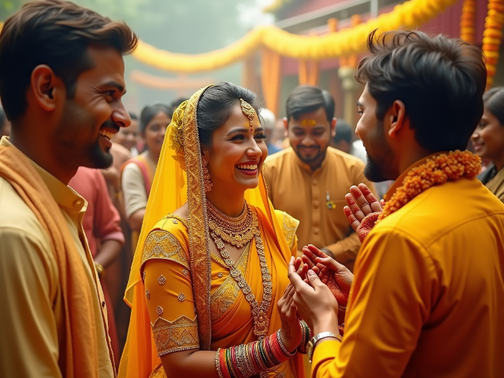 Indian bride in a vibrant yellow outfit laughing with friends and family during a Haldi ceremony, showcasing the essence of candid wedding photography.