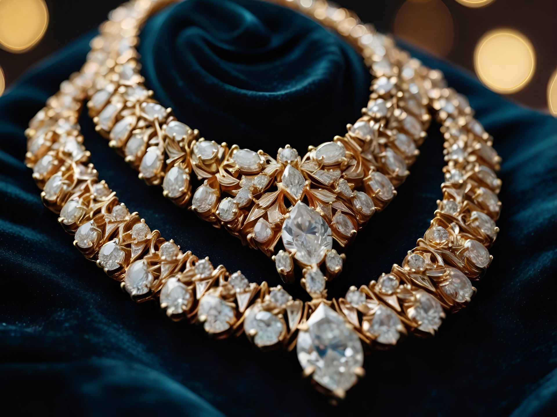 Elegant diamond necklace set displayed on rich blue velvet, photographed for advertising purposes.