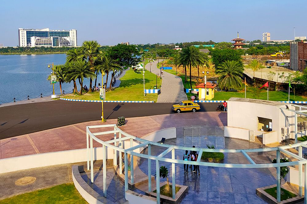 Colorful gardens and water bodies of Eco Park in Kolkata’s New Town.