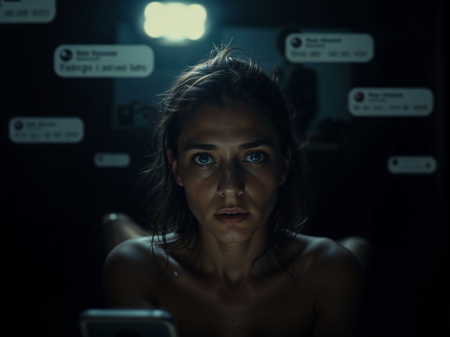 A model under a spotlight surrounded by floating chat bubbles, symbolizing the shift of exploitation from in-person to digital platforms.
