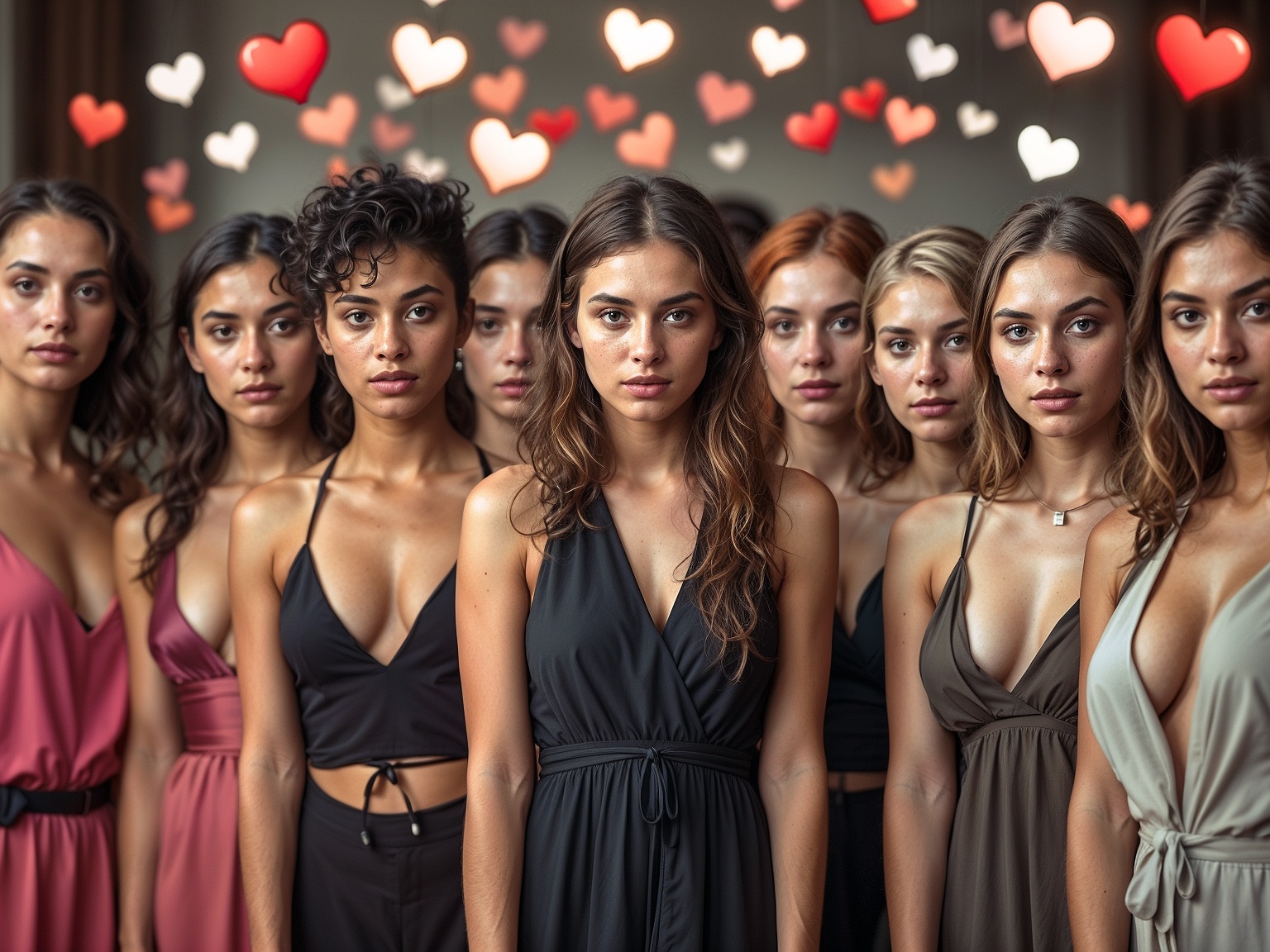 A modestly dressed model among bold peers, surrounded by social media icons—symbolizing silent pressure in the modeling industry.
