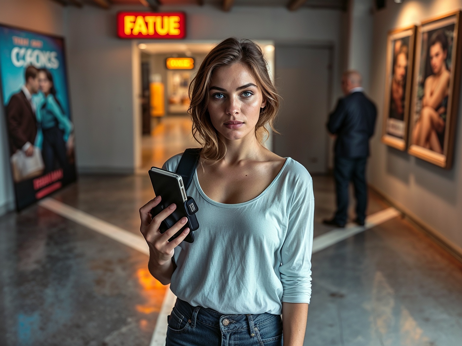 A young model stands at a symbolic crossroad inside a studio, choosing between pressure-driven fame and authentic self-expression.