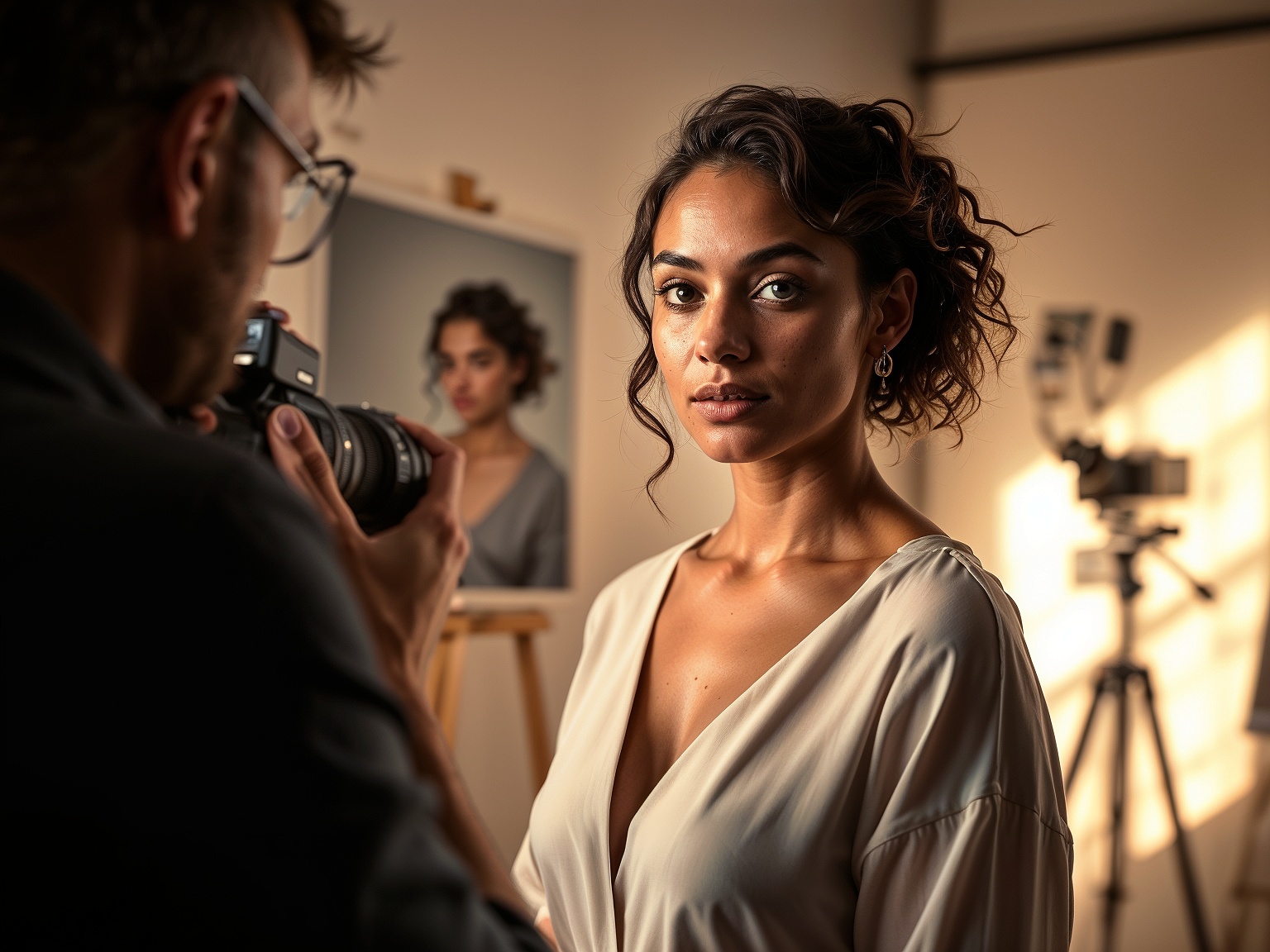 A respectful studio setup where a photographer empowers a confident young model without oversexualization.