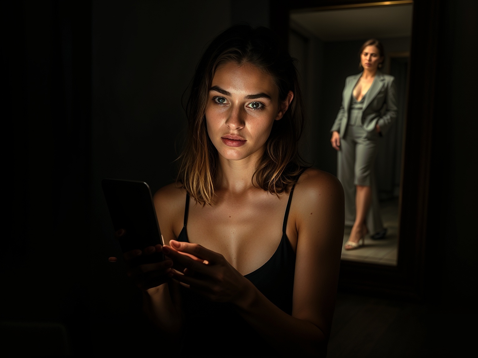 A model caught between digital allure and self-doubt, her reflection showing the strength she’s yet to claim.
