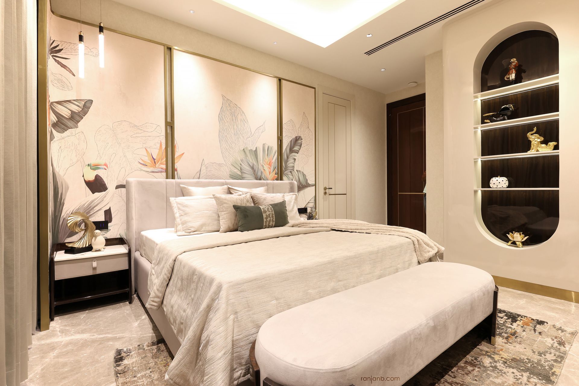 Elegant bedroom interior at Urbana Kolkata — photographed by Ranjan Bhattacharya.