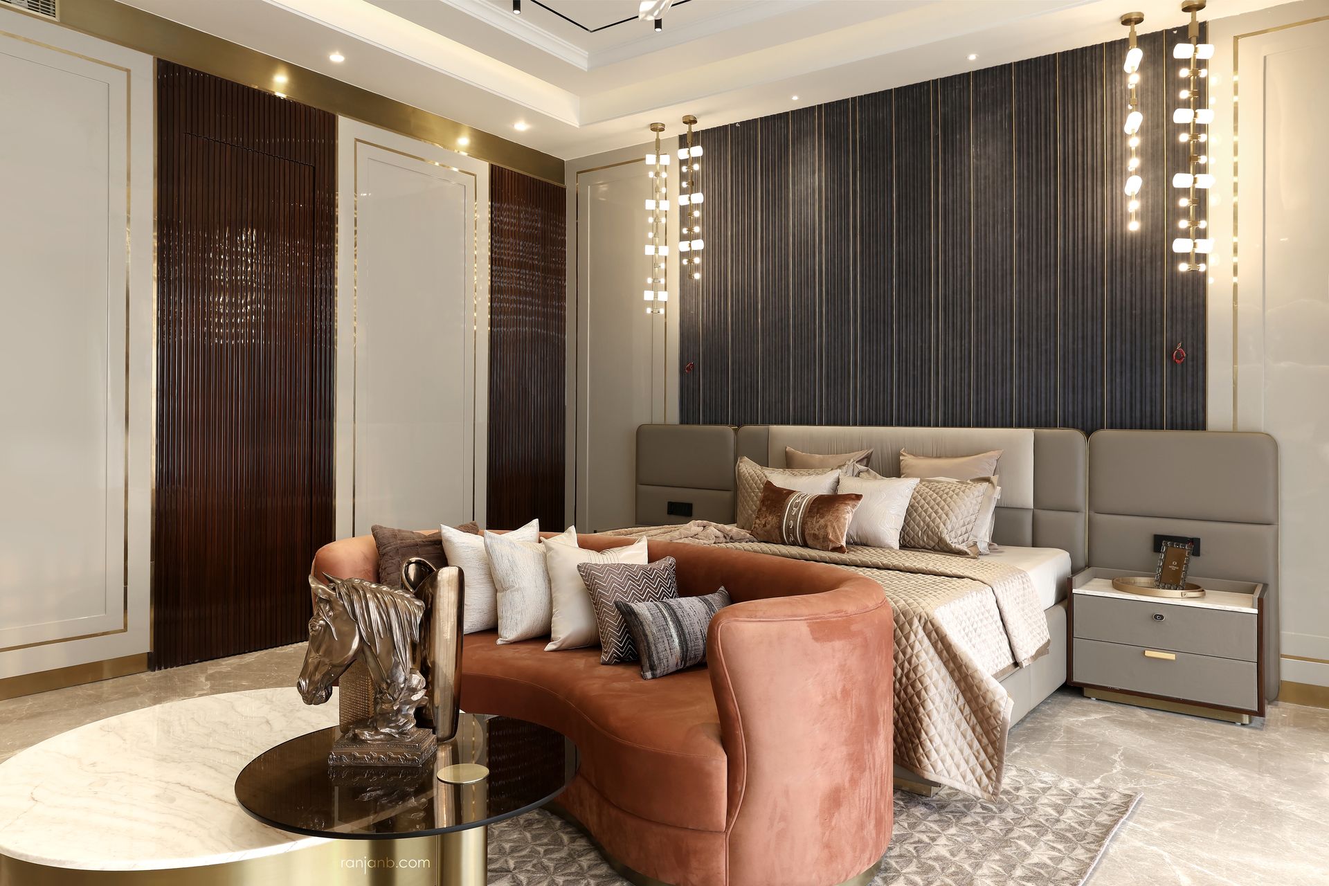 Master bedroom with dark wood finishes at Urbana — captured by Ranjan Bhattacharya.