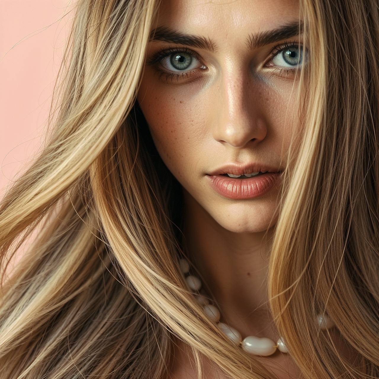 Curved lines formed by hair lead the eye to a necklace in a fashion ad.