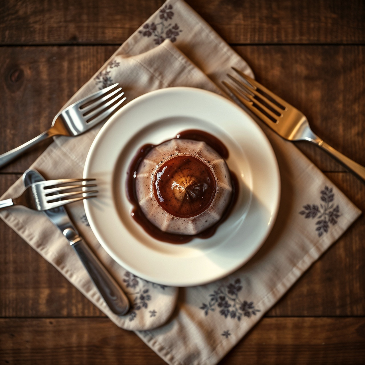 Utensils and napkin edges pointing toward a plated dessert, guiding the viewer’s focus.