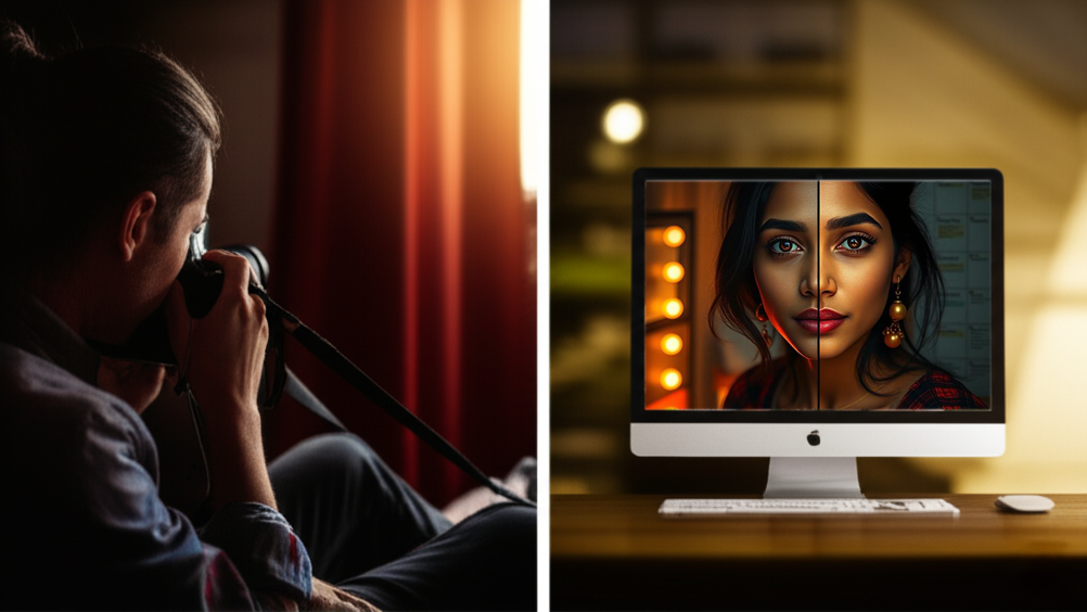 Traditional photography contrasted with AI image generation interface.