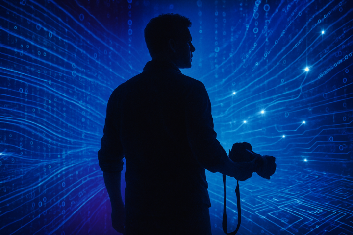 Guiding creativity: Navigating the digital landscape with confidence. Photographer's silhouette embracing digital future and AI technology.