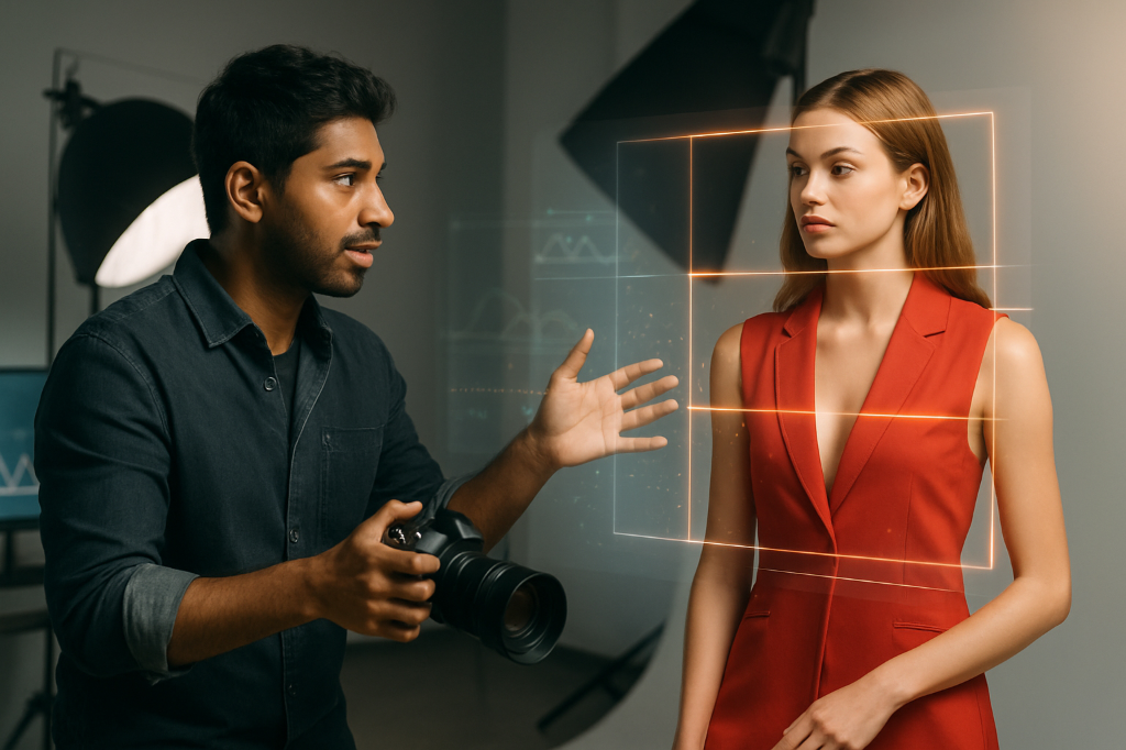 Photographer directing model, showing human creativity enhanced by subtle AI visual assistance.