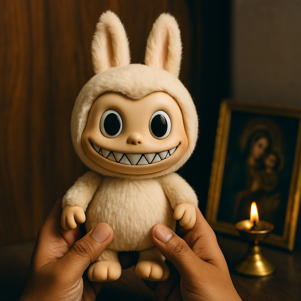 Labubu plush toy placed in dramatic lighting with online myth illustrations in the background.