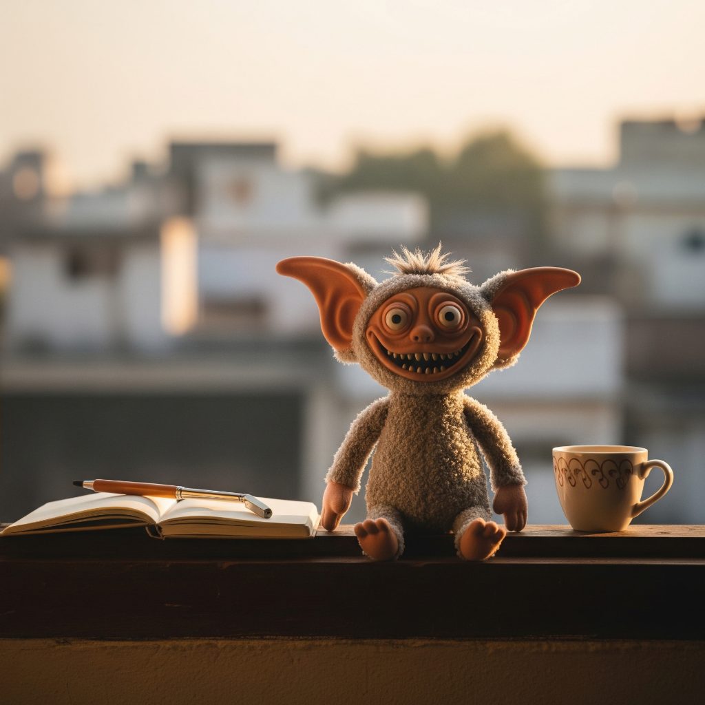 The original Labubu plush with its signature toothy grin, sitting by a window at sunset—capturing the soul of a misfit.