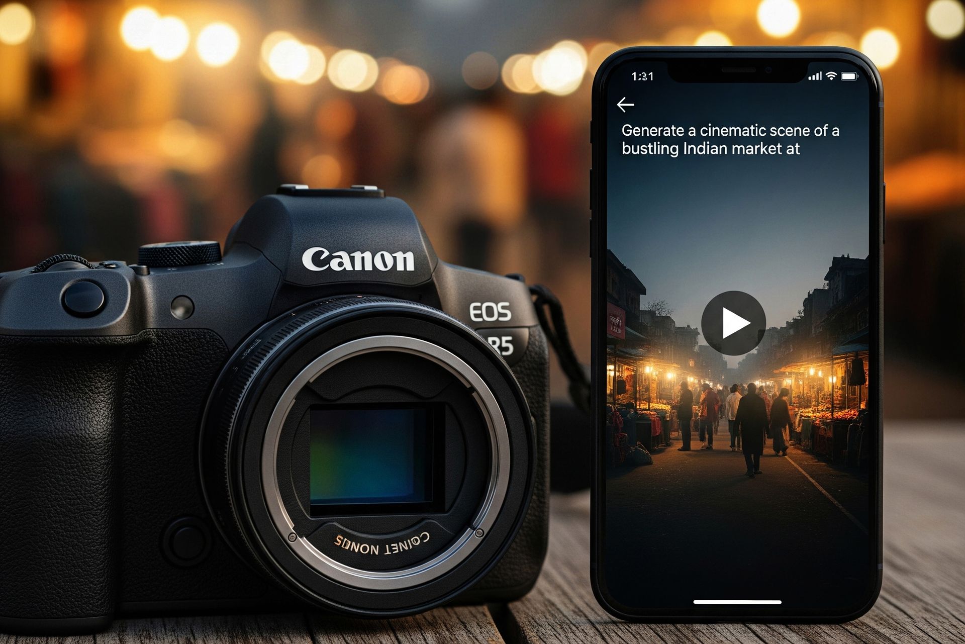 Fusion of traditional photography gear and modern AI video tools.