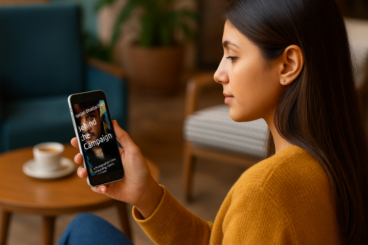 A young Indian woman viewing the book ‘Behind the Campaign’ on her phone screen — a modern, candid glimpse into how readers discover storytelling on the go.