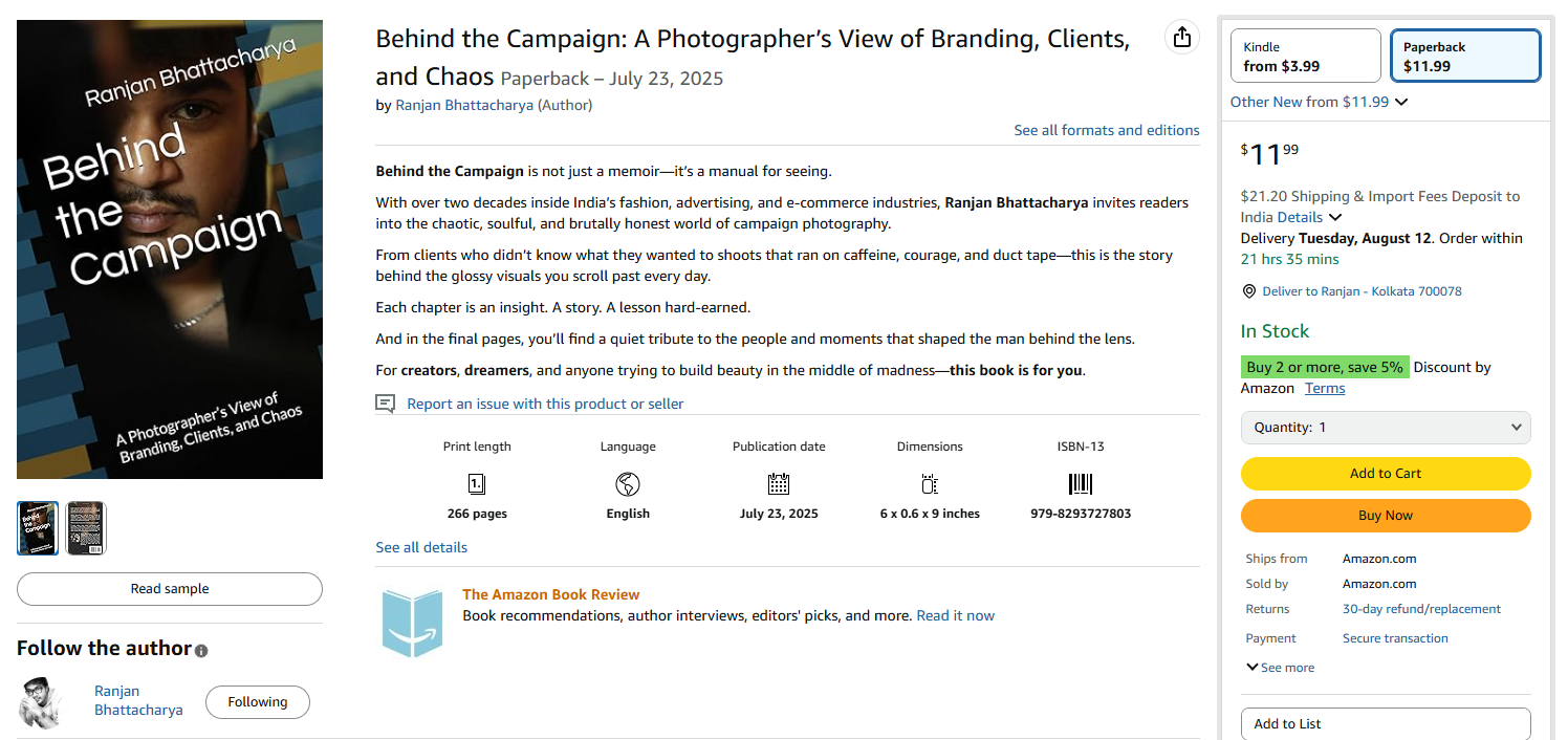 Screenshot of the Amazon listing for ‘Behind the Campaign’ by Ranjan Bhattacharya, showing both Kindle and Paperback formats available with pricing and product details.