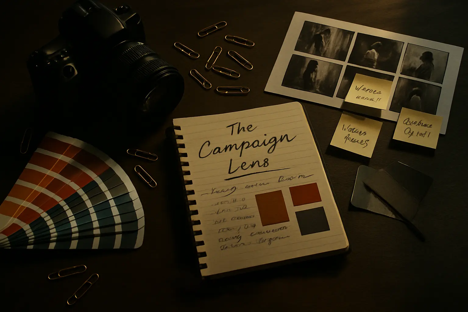 Flat lay of a creative workspace with notebook, pen, glasses, and a half-drunk cup of coffee — cover design for 'The Campaign Lens' by Ranjan Bhattacharya.