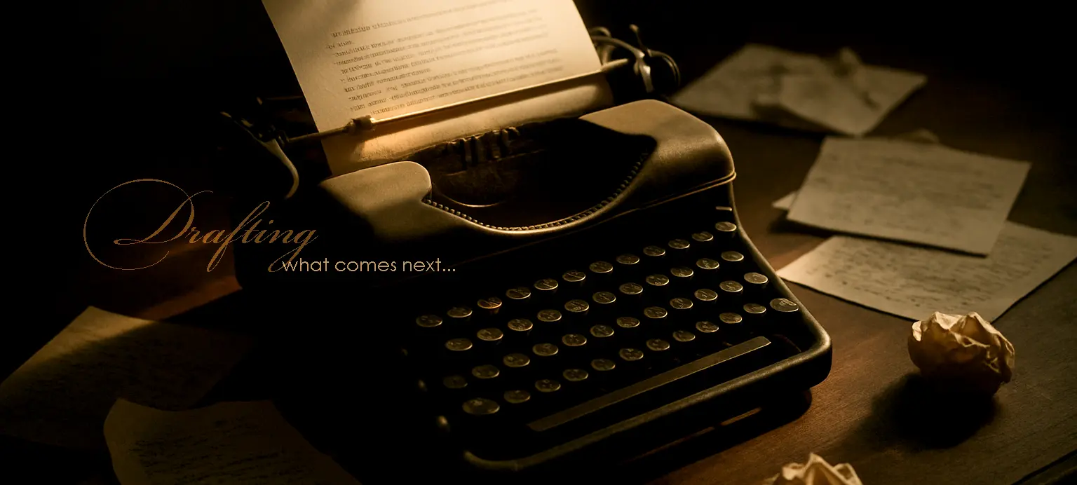 A vintage typewriter with a half-typed manuscript under soft morning light — the next story in progress.