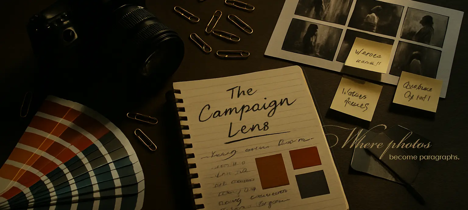 A camera beside a notebook filled with scribbles and photo prints — bridging photography and writing.