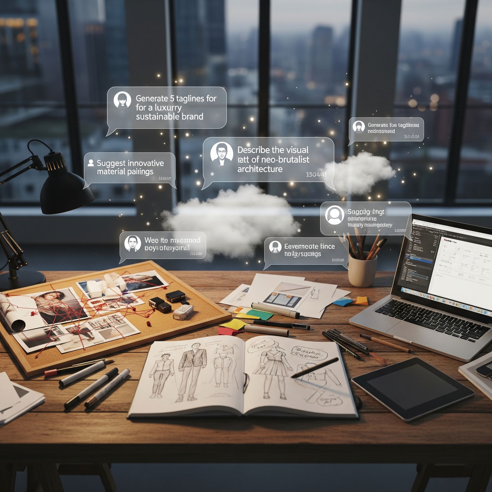 Photographer’s creative desk with AI brainstorm overlays.