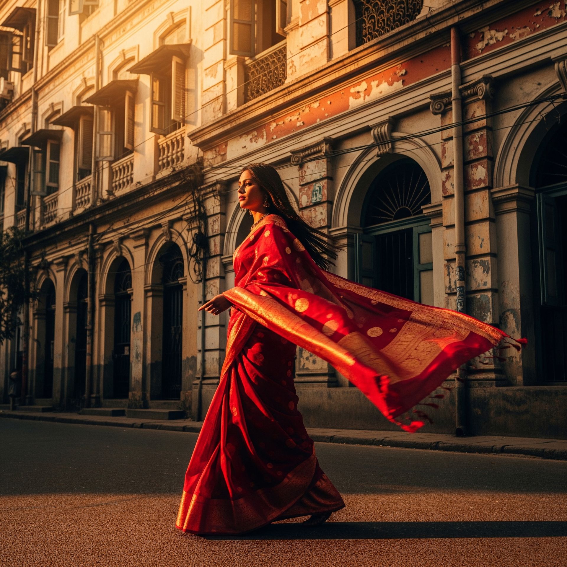 Golden-hour sari portrait in Kolkata street.