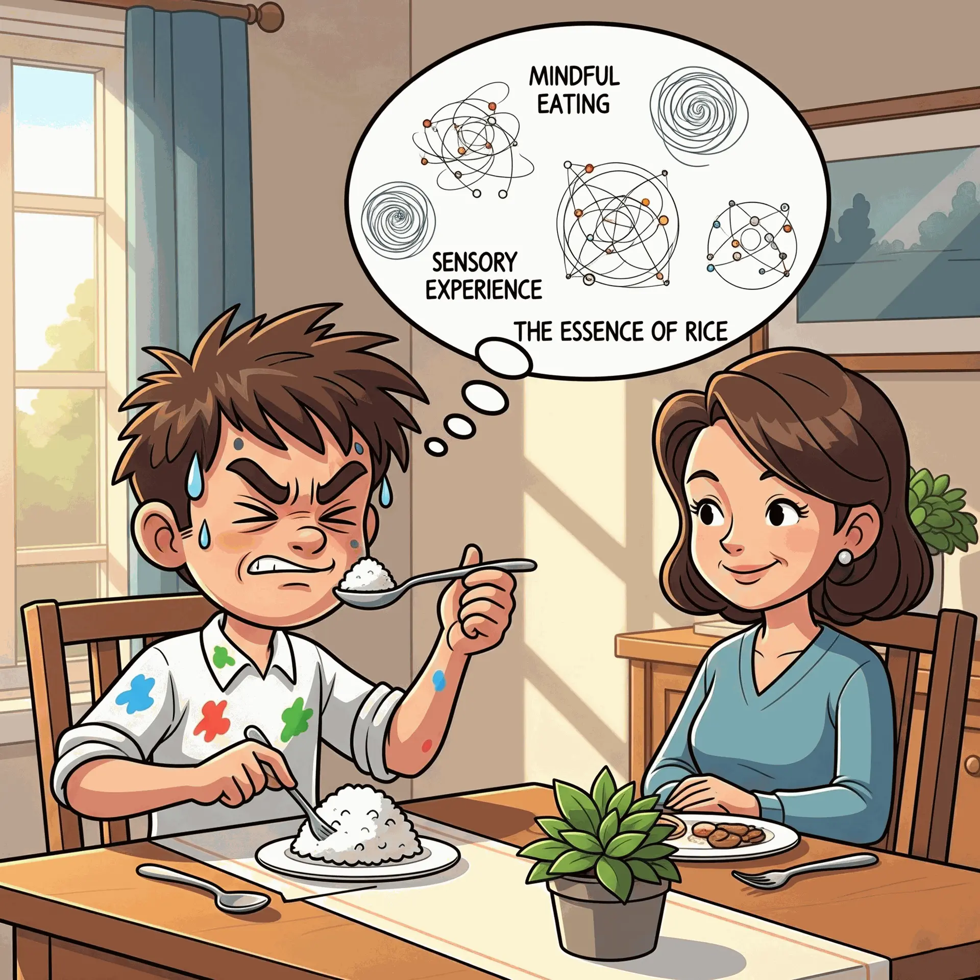 A funny cartoon showing an artist struggling with mindfulness and overthinking while his patient mother looks on, illustrating the challenges of balancing creativity with everyday life.