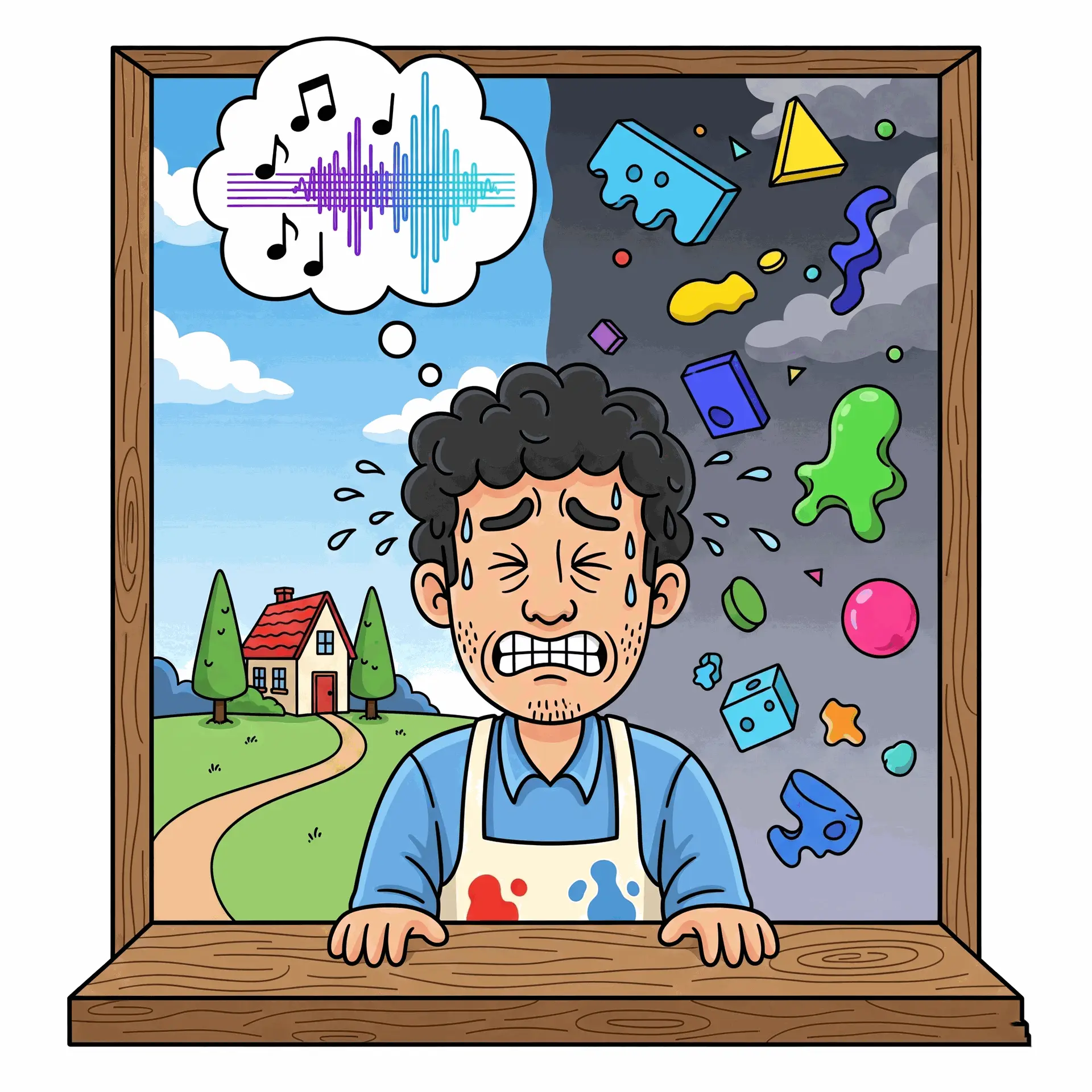 A cartoon illustration of a man standing at a window. One half of the view outside is perfectly symmetrical with matching house, trees, and a clear sky. The other half is chaotic and asymmetrical with a tilted house, leaning trees, and stormy clouds. The man looks stressed and sweaty, caught between the two views.