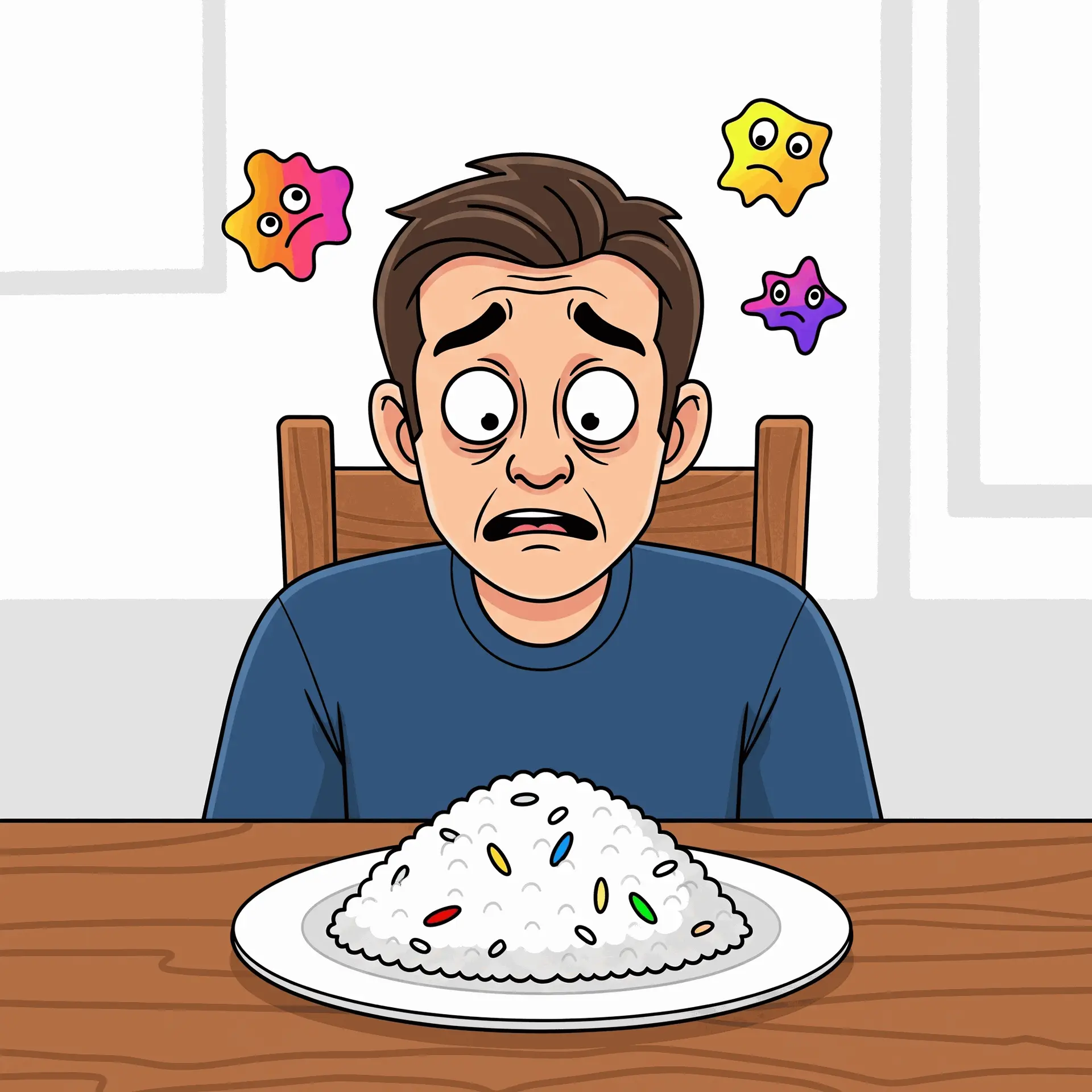 A cartoon illustration of a creative artist with a goofy, perplexed expression, sitting at a wooden dining table. He is staring at a plate of rice with a few brightly colored grains, while colorful, abstract shapes float around his head.