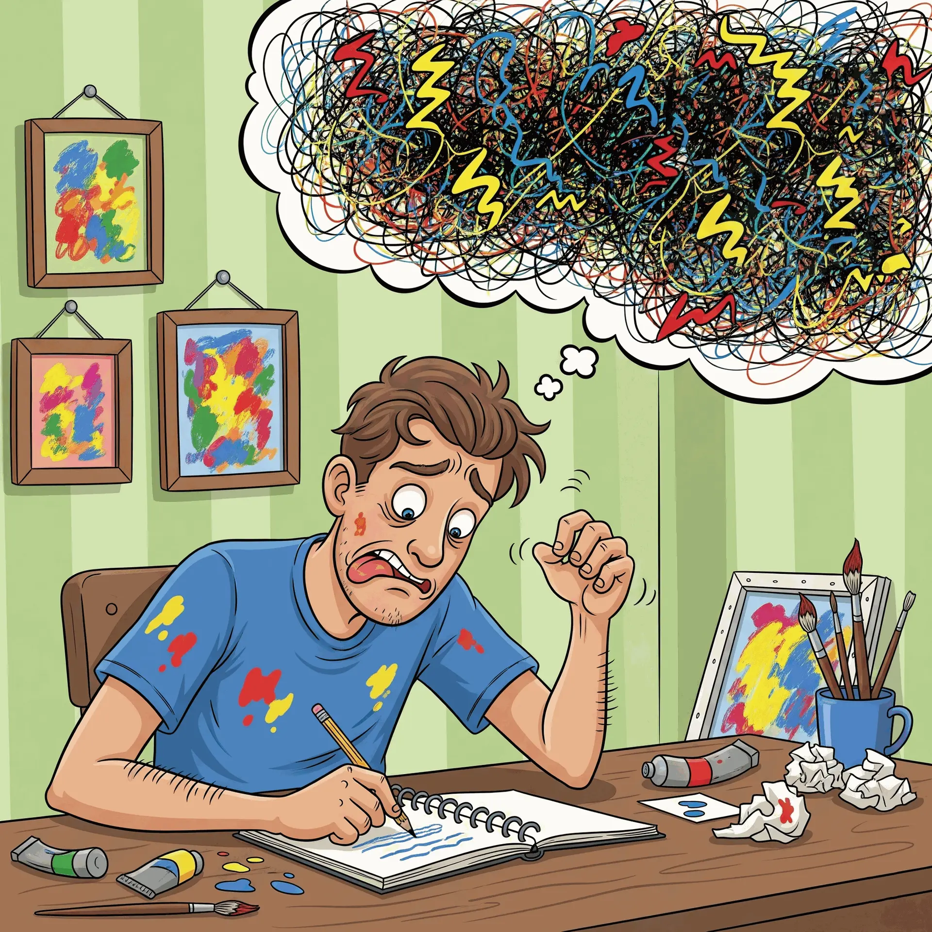 A humorous cartoon illustration of a creative artist with a frustrated expression, sitting at a desk and furiously scribbling in a notebook. His chaotic thoughts are shown in a thought bubble.