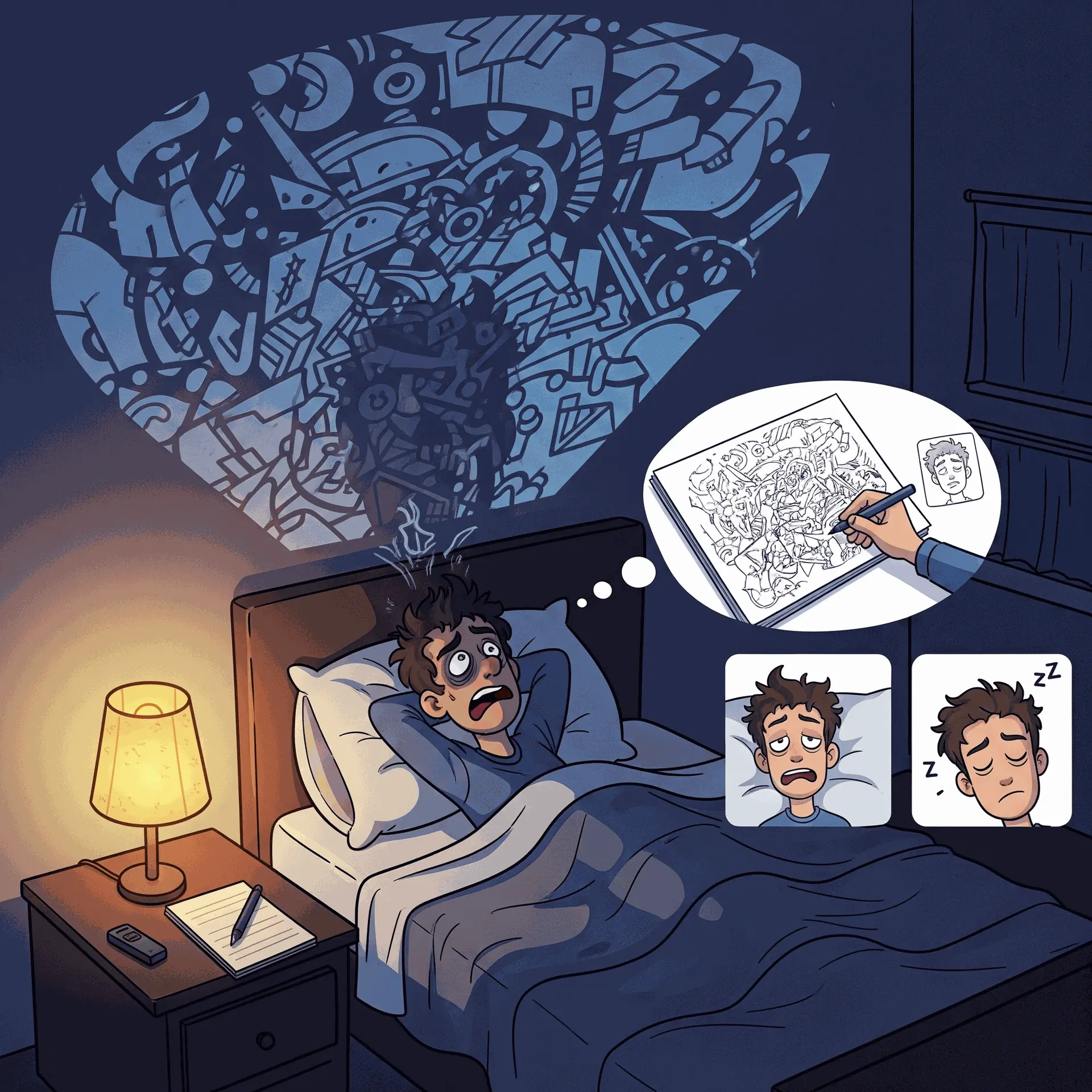 A humorous cartoon illustration of a creative artist lying in bed, exhausted and frustrated, as his mind frames the shadows on the ceiling into chaotic art compositions. A thought bubble shows him sketching in a notebook, finally allowing him to fall asleep.