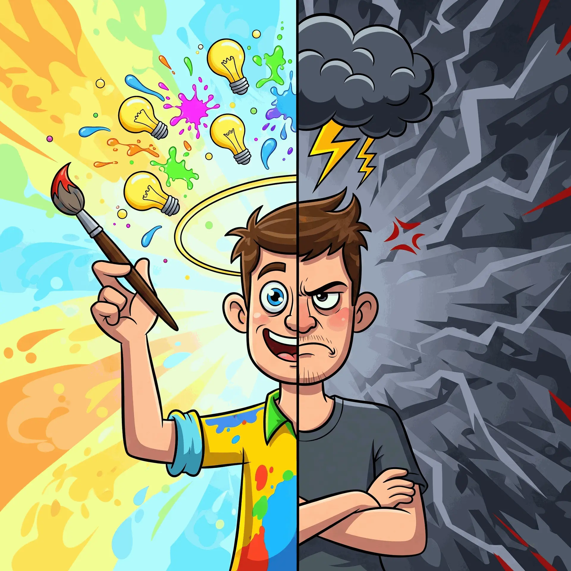 A cartoon illustration of a creative artist split down the middle. One half looks happy and inspired with a halo of lightbulbs, while the other half looks angry and irritable with a storm cloud over his head.