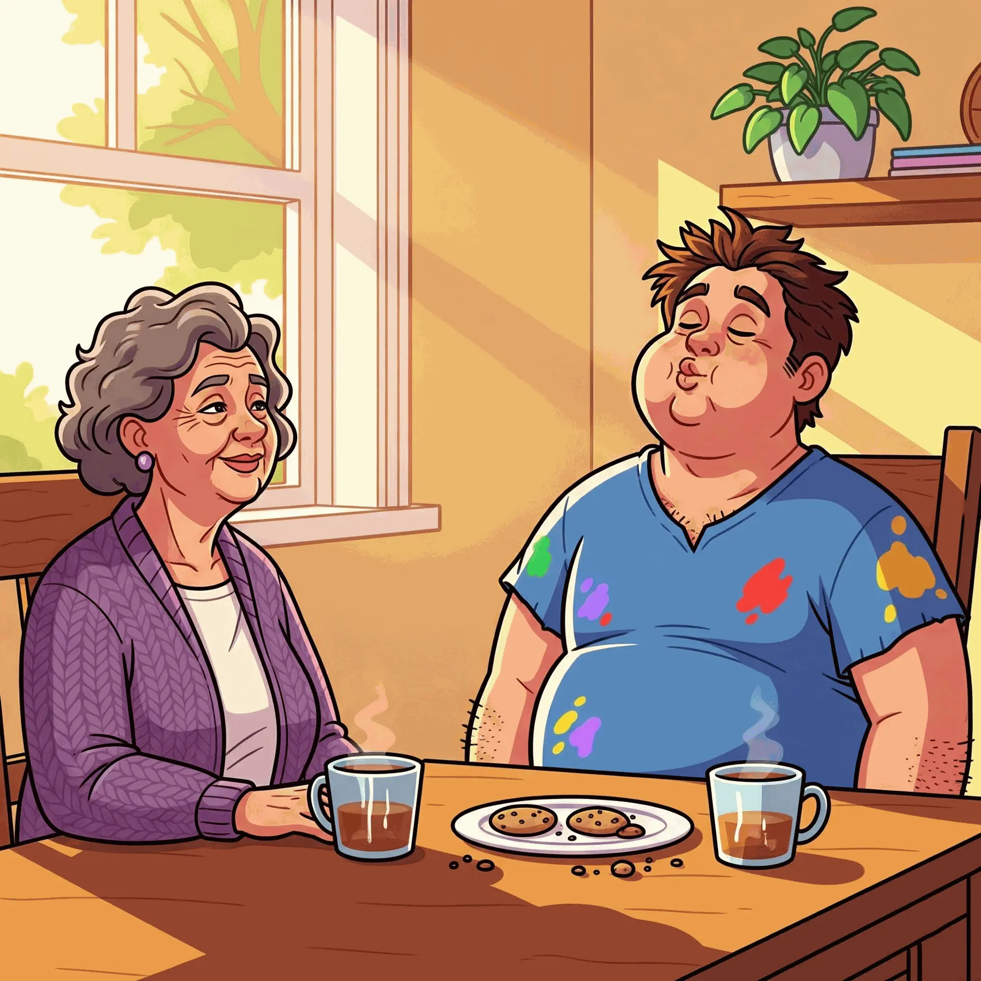 A cartoon illustration of a creative artist with a goofy, calm expression, taking a deep breath while sitting at a dining table with his patient mother, representing the practice of mindful breathing.