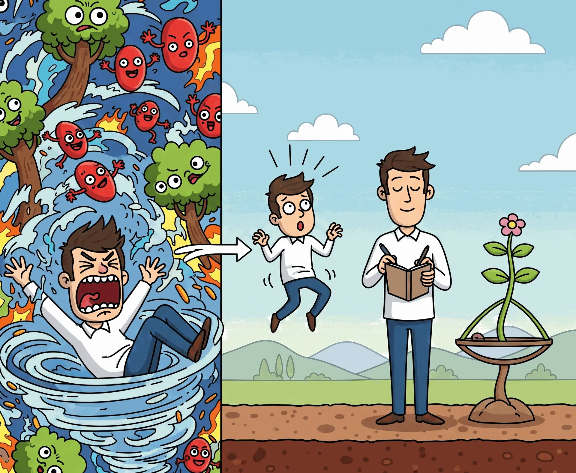 A cartoon illustration showing a creative artist's journey. On the left, he is a vortex of frustration, surrounded by funny, chaotic elements. In the middle, he is in a surprised, falling state. On the right, he is calm, standing on solid ground with a notebook, representing finding balance.