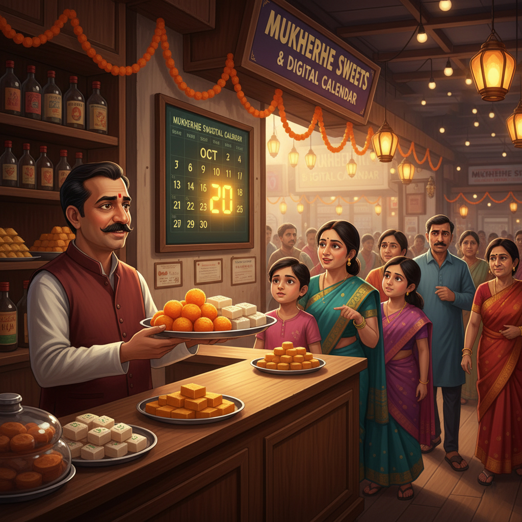 Kolkata sweet shop with shopkeeper holding sandesh, showing inconsistent updates as glowing calendar dates.