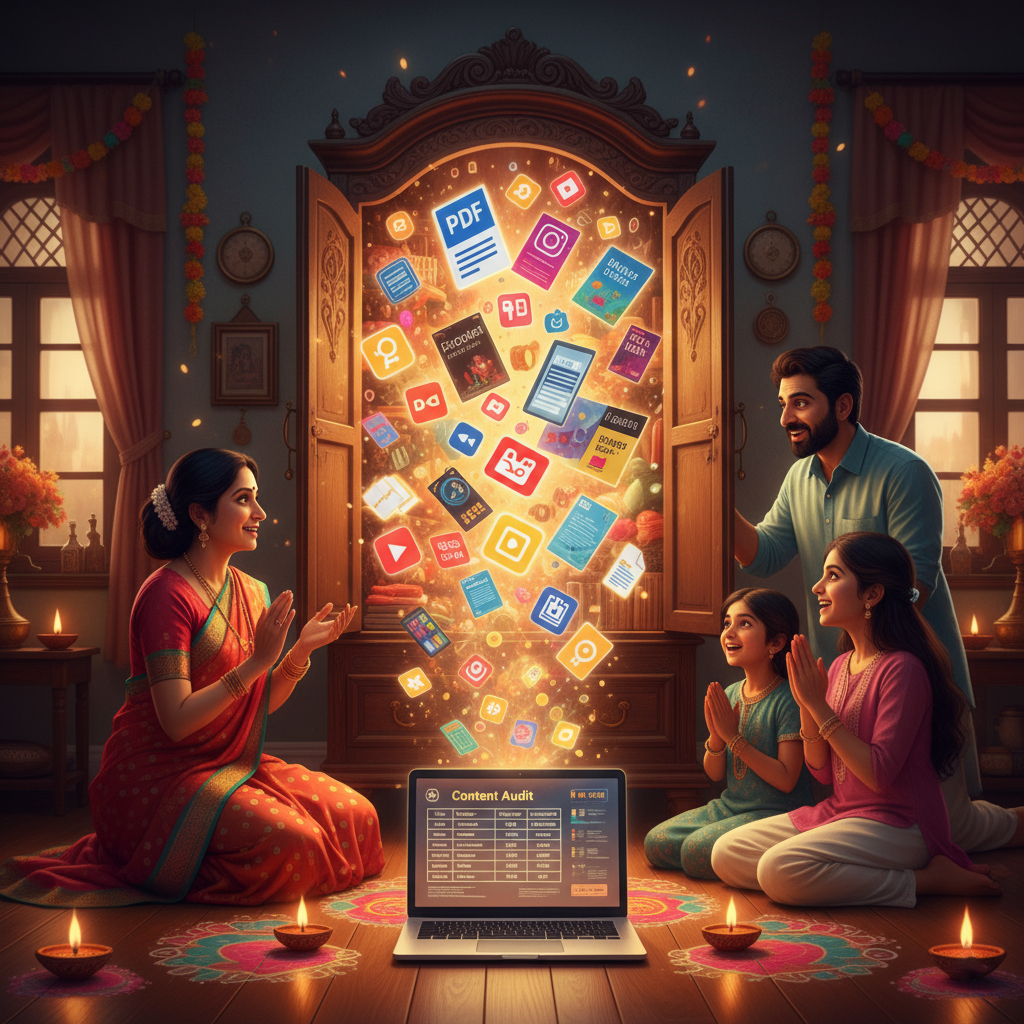 Indian family opening an old almirah before Diwali, discovering hidden content assets like blogs and videos.