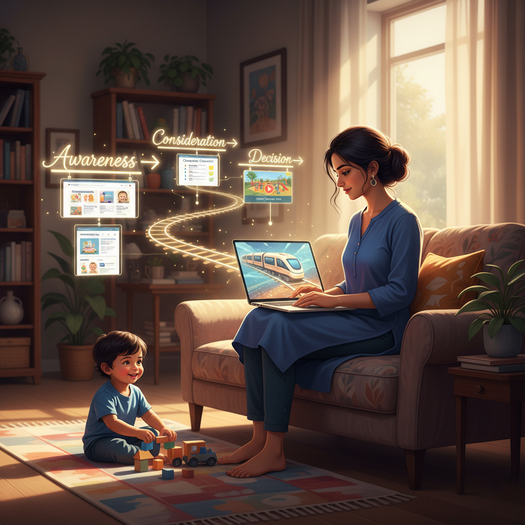 Indian mother researching preschool options on laptop, with buyer’s journey stages—Awareness, Consideration, Decision—shown as a train track.