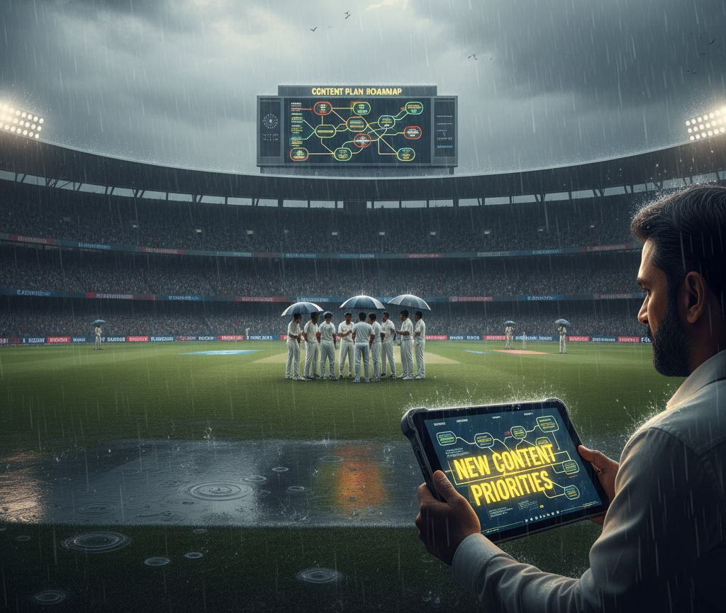 Cricket team adjusting strategy on a digital tablet during rain, symbolizing flexible content planning.