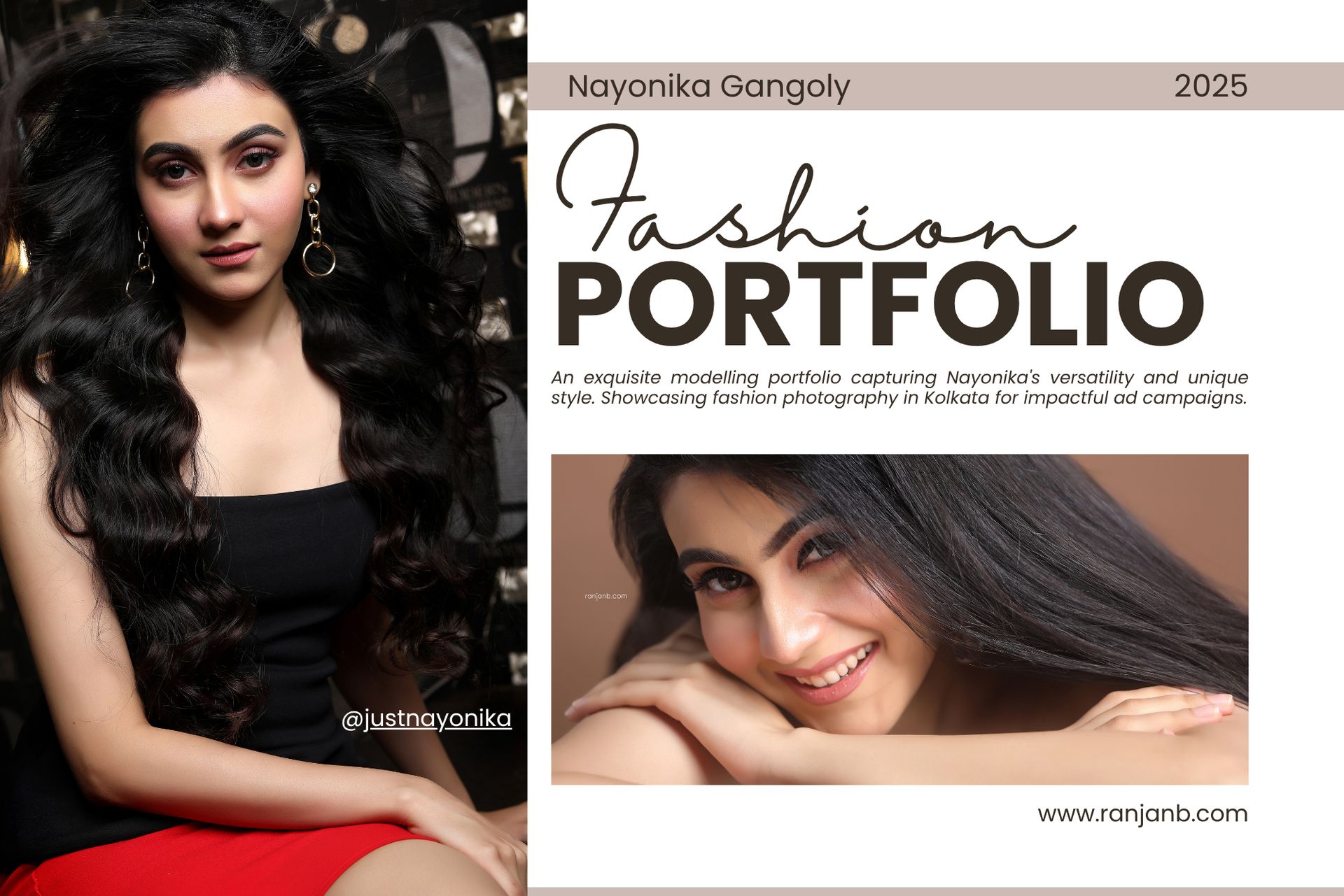 Professional model portfolio card for Nayonika Gangoly, photography by Ranjan Bhattacharya in Kolkata.
