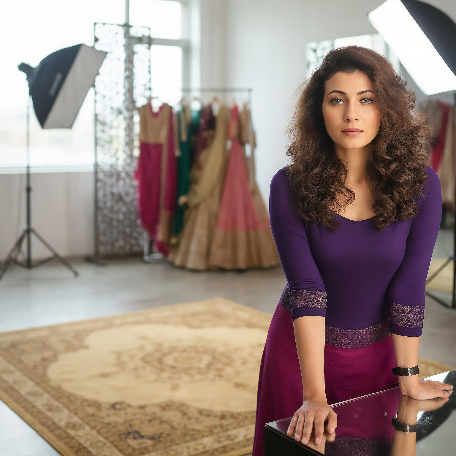 Smita Gangoly standing gracefully by the makeup table in the studio, warm mirror lights illuminating her calm and confident face.