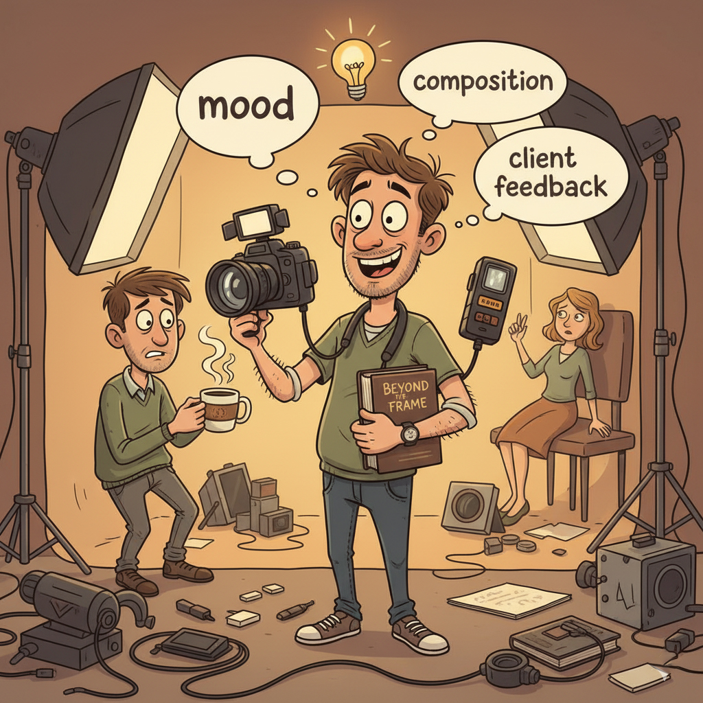 Funny cartoon showing a photographer using Beyond the Frame on set while managing chaos — symbolizing real-world use of psychology and composition techniques.