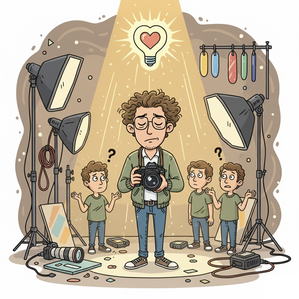 Funny cartoon of a photographer dramatically ‘feeling the light’ instead of measuring it — symbolizing the shift from technical mastery to emotional storytelling.