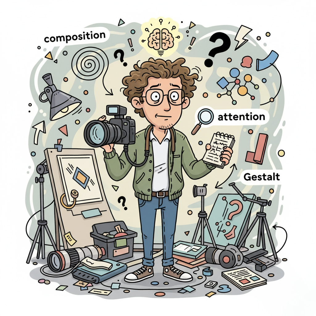 Cartoon of a puzzled photographer surrounded by visual symbols of attention and composition, humorously depicting the complexity of photography psychology.