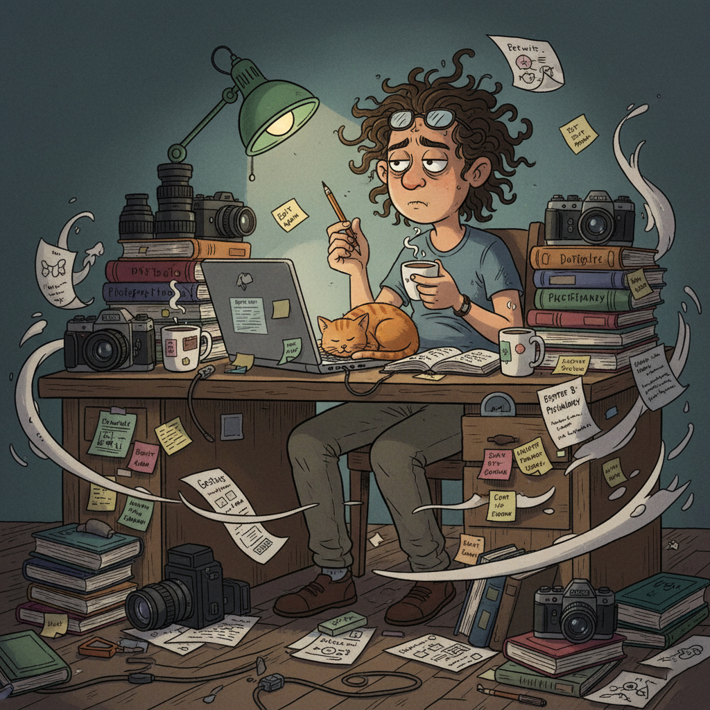 Cartoon of a tired photographer–author at a cluttered desk with cameras, coffee, and flying notes — humorously capturing the chaos of writing Beyond the Frame.