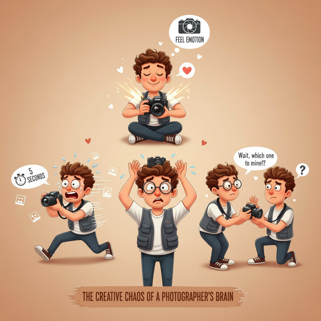 Funny cartoon of a photographer split into three versions — one rushing, one meditating, and one swapping cameras — representing creative photo exercises.