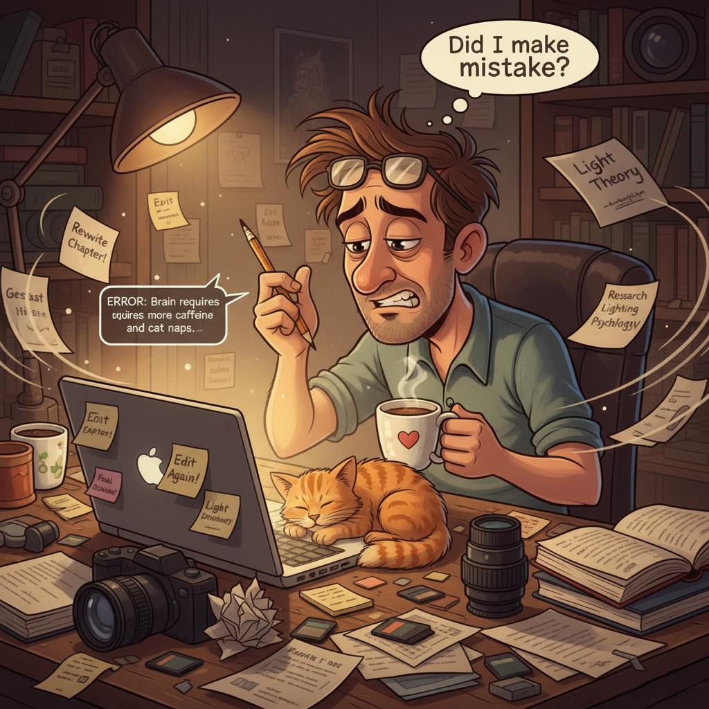 Funny cartoon of a tired photographer-writer surrounded by clutter and coffee, asking himself ‘Did I make a mistake?’ while working on his book.