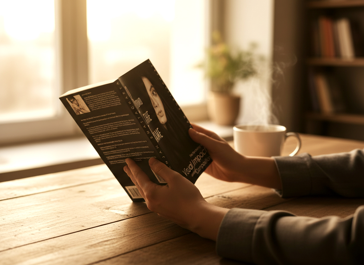 Reader holding the book Beyond the Frame beside a cup of coffee in warm morning light.
