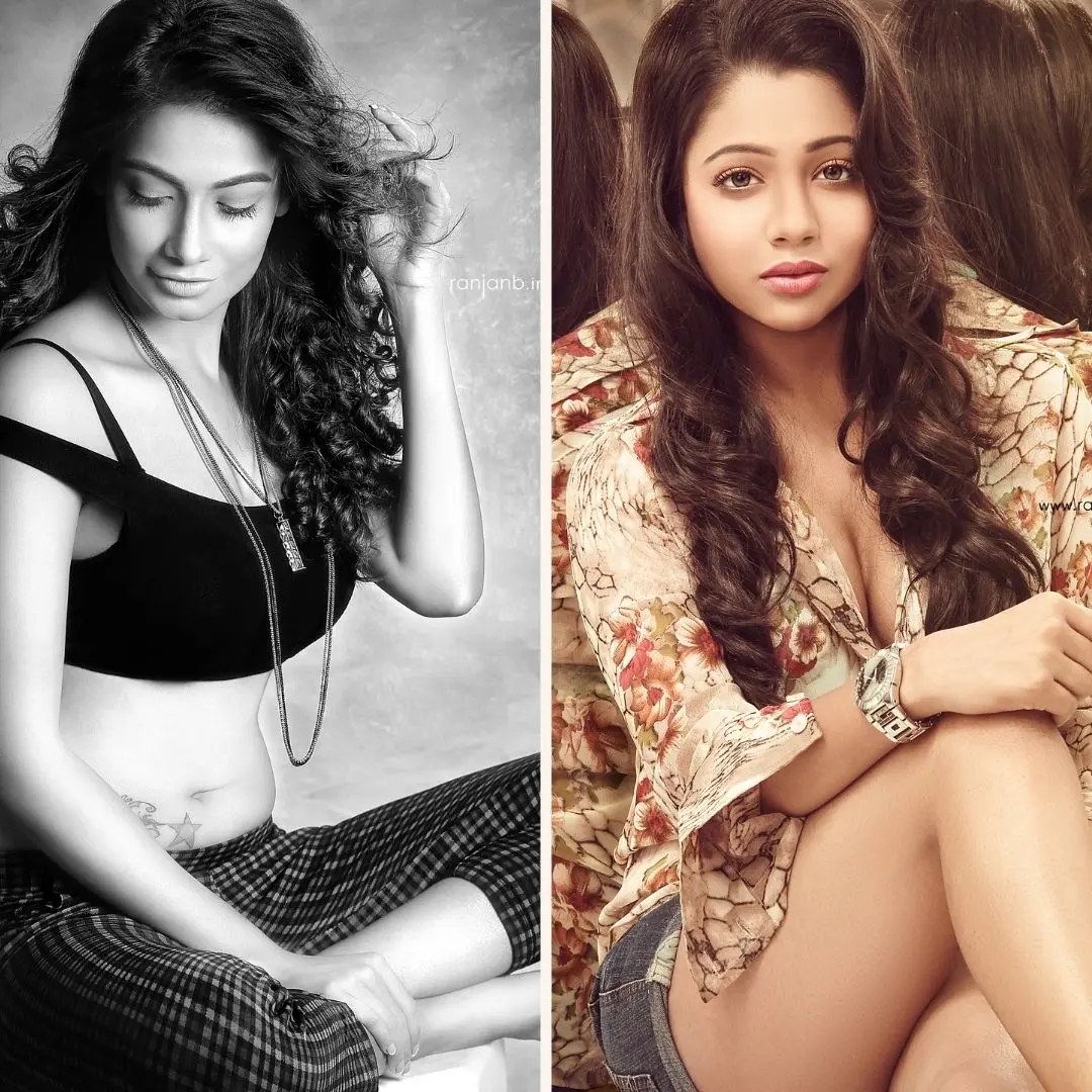 Models Sumana Singh and Anwesha Patra from Ranjan Bhattacharya’s fashion editorial featured in The New Indian Express, showcasing contrast in mood and style.