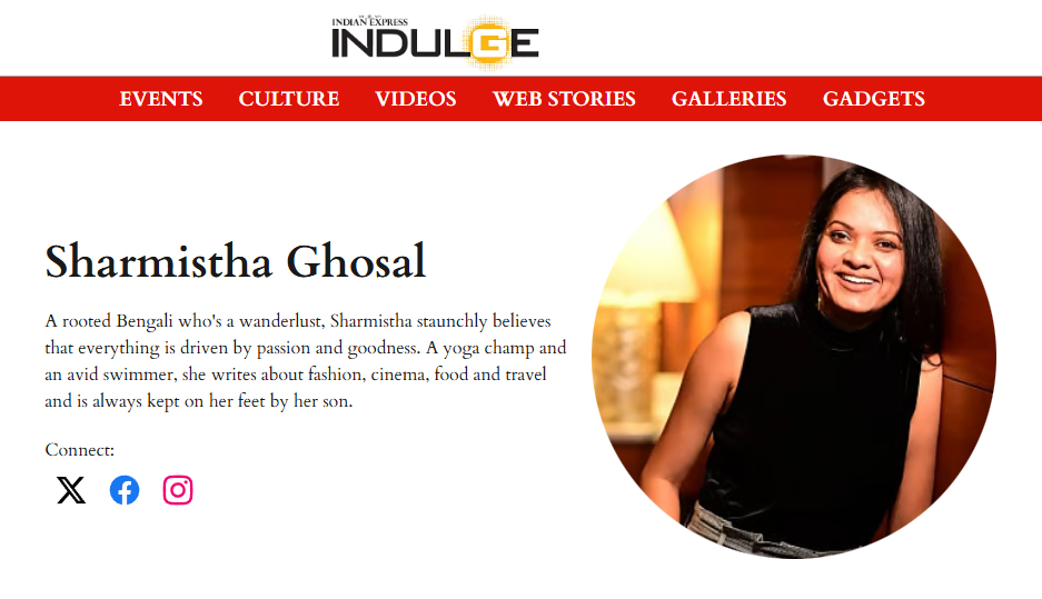 Screenshot of journalist Sharmistha Ghoshal’s author page on The New Indian Express Indulge, featuring her profile photo and biography.