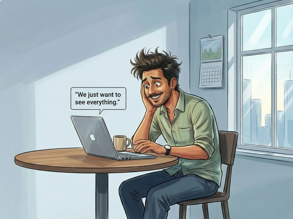 The moment that sounds harmless—but quietly starts the chaos for photographers Cartoon illustration of a photographer smiling nervously while reading the message “We just want to see everything” on his laptop, unaware of the editing chaos that will follow